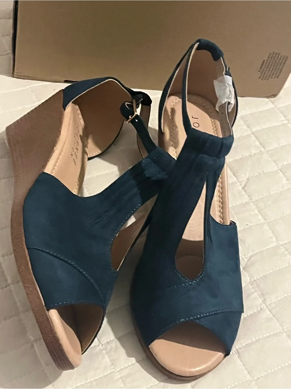 Journee Collection Teal Blue T-Strap Peep Toe Wedge Sandals